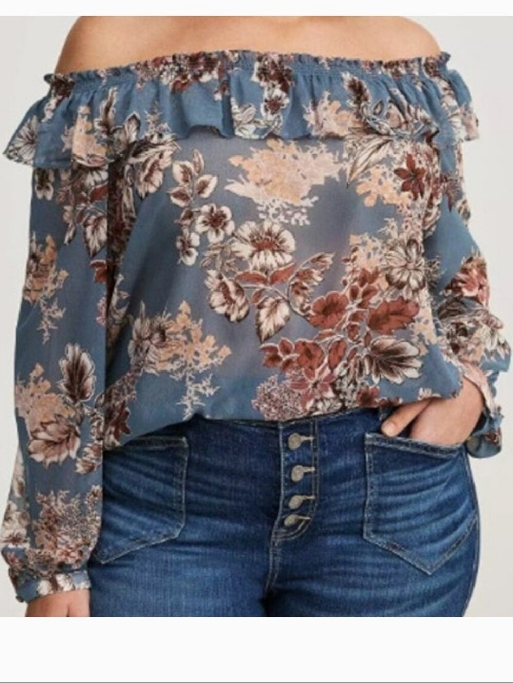 Torrid Off Shoulder Ruffle Top Plus Size 2X Sheer Floral Crinkle Chiffon Garden